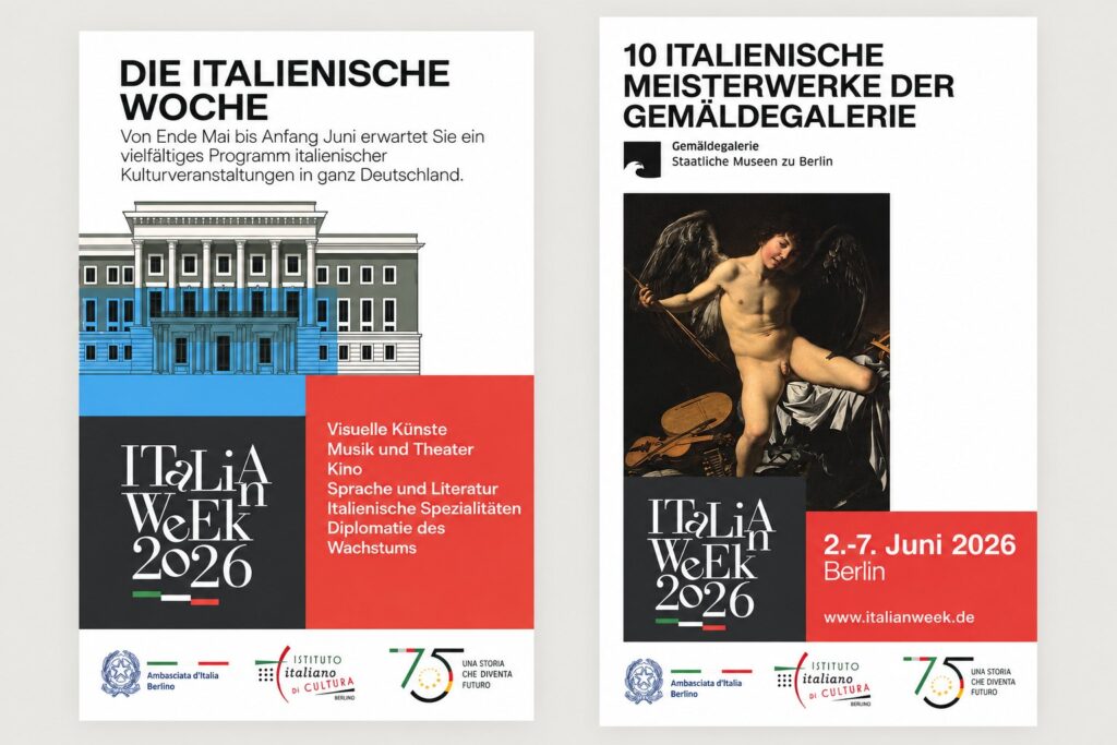 Manifesti di Italian Week 2026, la settimana italiana e i dieci capolavori italiani della Gemäldegalerie di Berlino